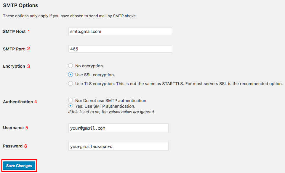 thông tin smtp options